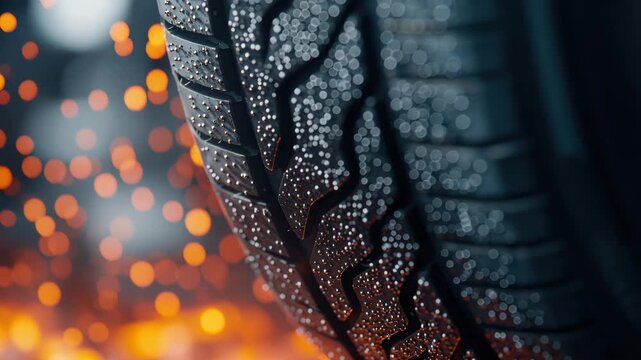 Close-Up Shot of Tire on Road Surface with Water and Sparks for Automotive Themes and Advertising Campaigns