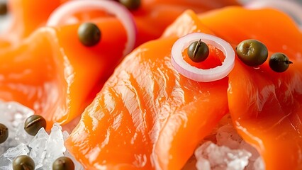 mutiny. Close-up of smoked salmon slices on ice with capers and onion. menu design, packaging mockups, designed for food delivery and cloud-kitchen brand materials, supports restaurant marketing.