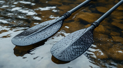 Carbon fiber kayak paddle for water sports enthusiasts with water droplets on a calm lake surface with outdoor activities and sports equipment and leisure and recreation and adventure with hobbies