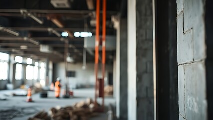 disavowal. Construction site with abstract industrial elements, metal and concrete textures, and dramatic side lighting. real-estate listings.