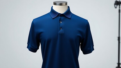 invisible. Navy blue polo shirt with a ribbed collar and cuffs, presented professionally on a clean background. lifestyle magazines.