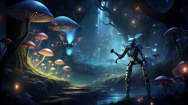 Enchanted forest scene with glowing mushrooms, robotic figure and fantastical creatures