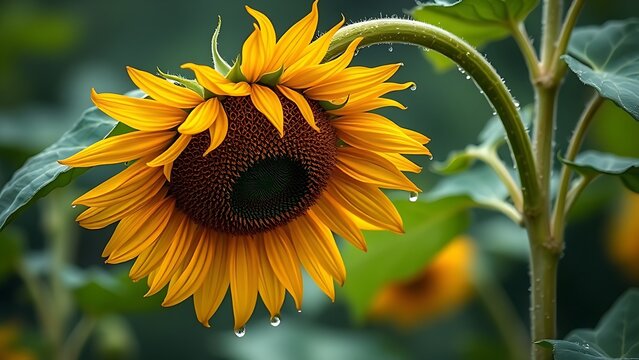 laurate. Sunflower drooping after a storm with rain droplets on its petals. gardening catalogs, home-decor guides, designed for home decor and