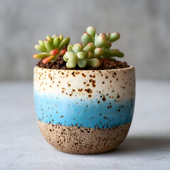 Charming Succulent Arrangement in a Decorative Ceramic Pot with Unique Glaze.