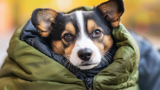 Cozy Dog Snuggled in Warm Jacket Relaxing Indoors Preparing for a Winter Adventure with Soft Background Colors