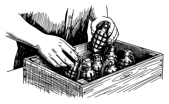 Hands packing military hand grenades in wooden crate box
