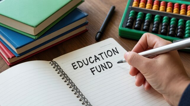 Child Cost Planning concept. Writing about education fund with books and abacus in background.