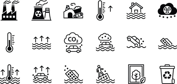 Climate change and environmental disaster icon set featuring global warming pollution floods nuclear energy and recycling line art