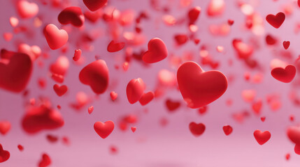 Floating red hearts create romantic atmosphere against soft pink background, evoking feelings of love and joy. This vibrant scene captures essence of affection and celebration