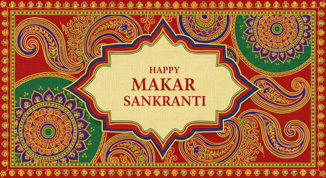 Ornate Indian textile and paisley pattern decorative mandala background with colorful motifs and Happy Makar Sankranti greeting text banner for harvest celebration, Pongal and lohri 