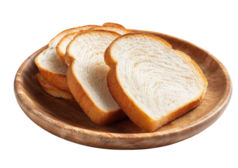 Sliced white bread stacked neatly on round, light-brown wooden plate