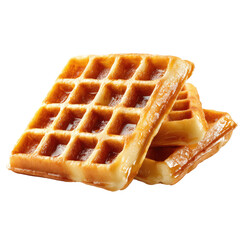 Stack of three golden, square waffles glistening with syrup on a black background