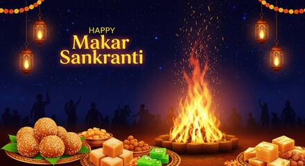 Night festival scene with glowing bonfire tilgul sesame sweets lanterns background featuring Happy Makar Sankranti text banner for harvest celebration, Pongal and lohri 