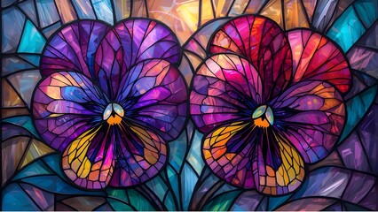 Abstract floral background with stained glass pansy flowers 