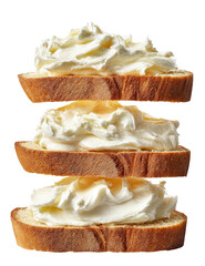 Stack of three bread slices topped with creamy spread and honey, floating
