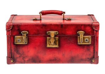 Weathered red leather suitcase with brass latches and handle on black