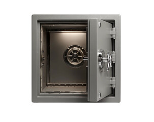 Opened metal bank safe with vault door and wheel on isolated black backdrop
