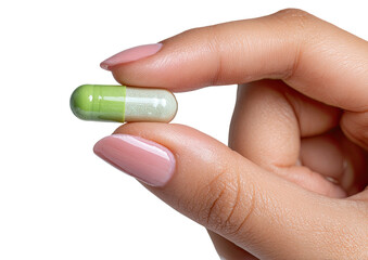 Hand gently holds a green and white capsule against a plain, dark background