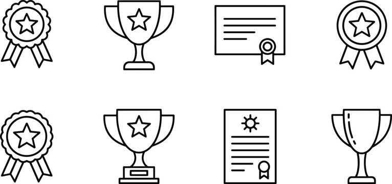 Minimalist award icon set with trophy cup medal and certificate line art vectors for success achievement and competition