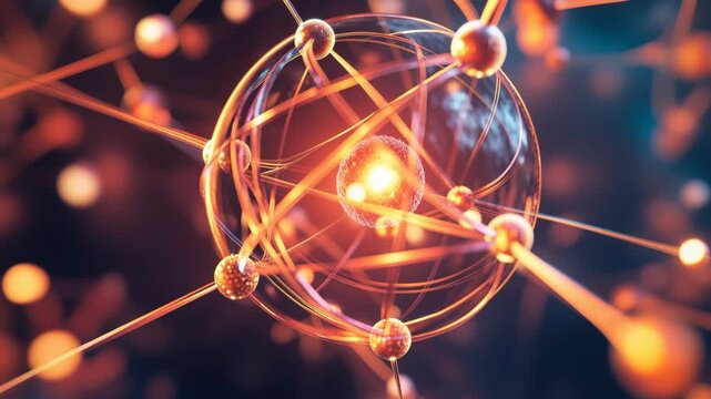 Abstract visualization of atomic structure with glowing particles and energy connections ideal for science and technology related themes