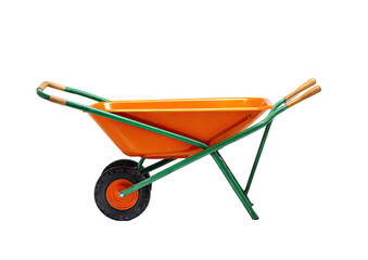 Orange wheelbarrow with green frame, brown handles, isolated on black