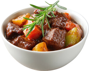 Hearty stew in white bowl; cubed beef, potatoes, carrots, topped with rosemary