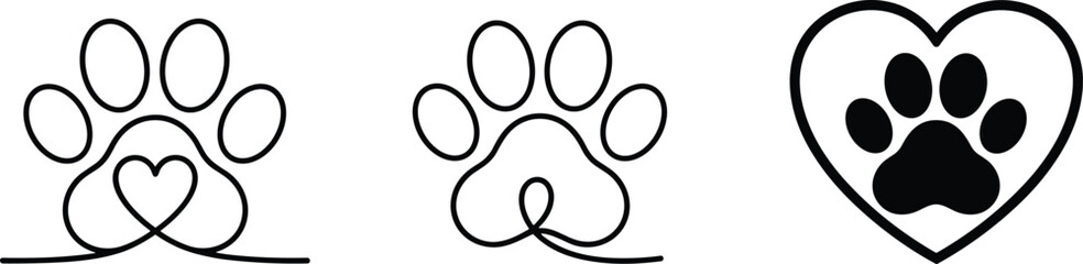 Minimalist dog cat paw print heart line art vector set for pet lovers veterinary clinic and animal branding © MstBabli