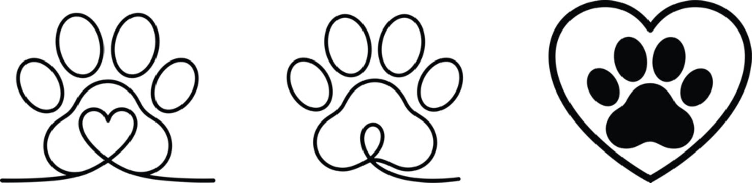 Minimalist dog cat paw print heart line art vector set for pet lovers veterinary clinic and animal branding
