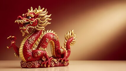 Chinese New Year Luxury Red Gold Dragon Zodiac Statue Festive Prosperity Background