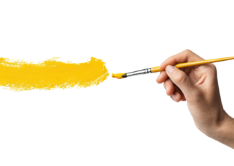 Hand painting a yellow stroke with paintbrush against a black backdrop