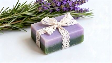 Rosemary herbal soap with lace ribbon and fresh rosemary 