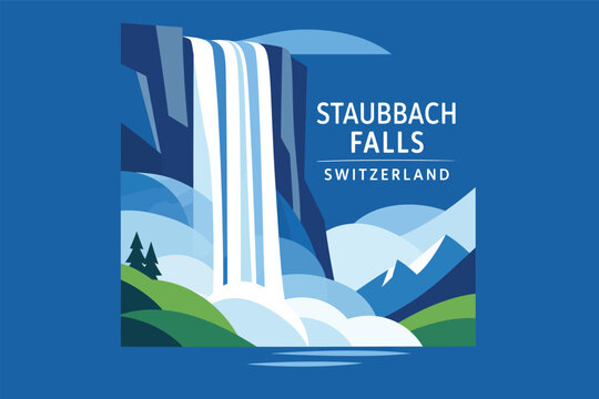 Minimal Alpine Waterfall Landmark Symbol for Staubbach Falls, Switzerland