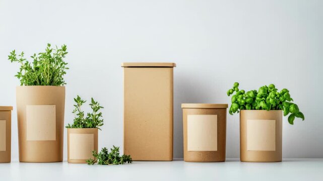 Minimalistic Arrangement of Brown Paper Containers with Fresh Green Herbs on a Simple White Background