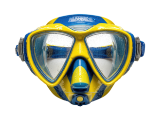 Blue & yellow scuba mask, front view, water droplets visible on the lenses