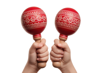 Two hands holding red, patterned maracas against a black backdrop