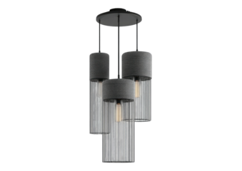 Modern chandelier with three clear, ridged glass shades and grey fabric accents