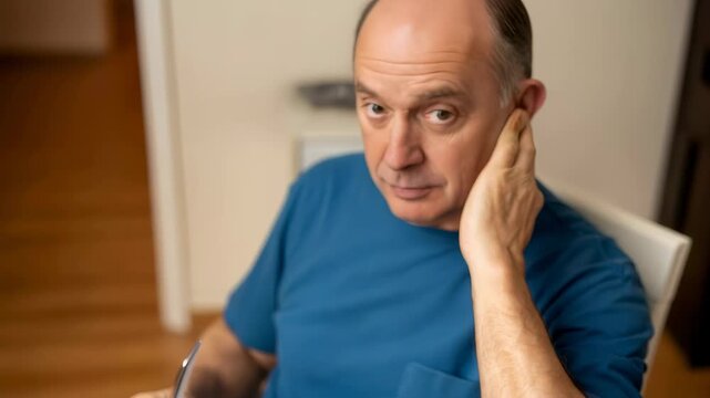 Man with bald head looking at reflection in mirror after trying to comb his patchy hair. Hair loss problem and receding hairline concept.