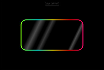 Neon glow light rectangle frame. Led rectangular game button. Green yellow light outline on black  template vector