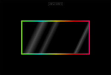Neon glow light rectangle frame. Led rectangular game button. Green yellow light outline on black  template