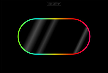 Neon glow light rectangle frame. Led rectangular game button. Green yellow light outline on black