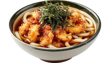 Udon noodles, tempura, seaweed, broth, in glazed ceramic bowl, overhead view