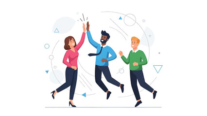 Three coworkers jump and high-five, celebrating teamwork and success amid abstract geometric shapes!