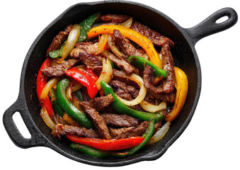 Sizzling skillet of steak strips, colorful peppers, and onion