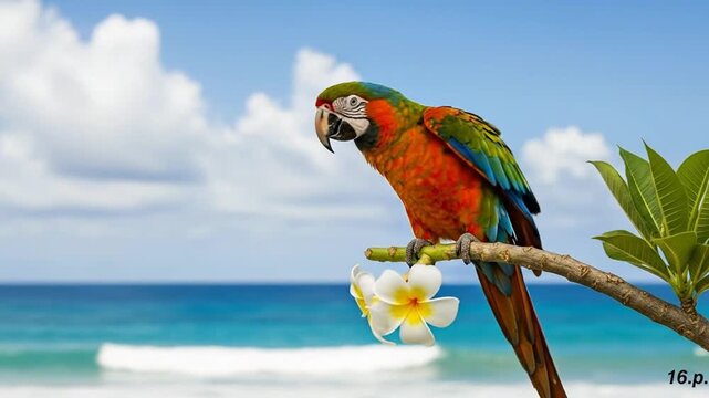 parrot on branch with flowers tropical beach background