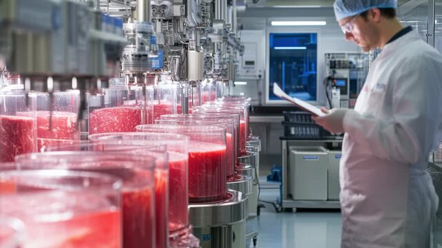 Modern Food Processing Facility with Researcher Analyzing Data in Laboratory Environment