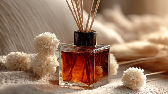 Premium flameless aromatherapy diffuser with smooth cube-shaped brown transparent glass bottle, glossy black cap, white artificial flowers with black rattan stems on soft cozy bed