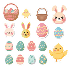 Easter Element Set with Cute Bunny Chick and Patterned Eggs Vector Illustration