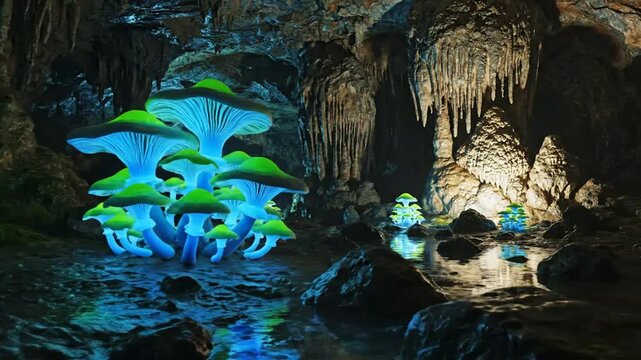Glowing mushrooms in a dark cave with stalactites and water.