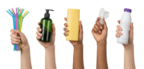Diverse Hands Hold Various Items: Straws, Soap, Lotion, Tissue, Bottle