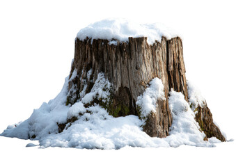 Snowy tree stump. Rings show. Bark textures. Natural winter element, close-up